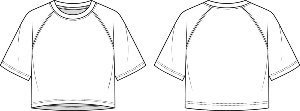 Women's raglan sleeve boxy crop top t-shirt technical fashion flat sketch front and back view