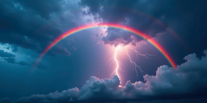 A vibrant rainbow arches across a dramatic, stormy sky, its radiant colors contrasting with the powerful bolt of lightning striking through the clouds.