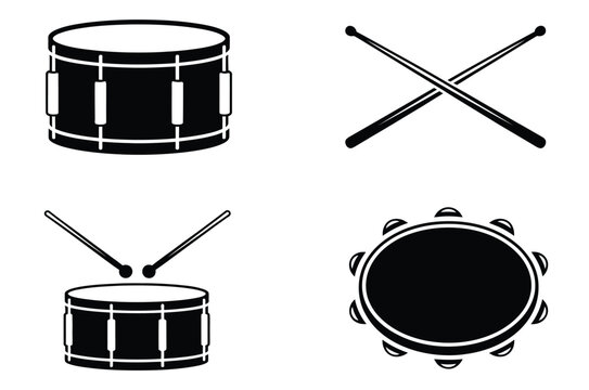 Musical percussion instruments icons showcasing drums and tambourine in bold black silhouette vector designs for music education, media, and branding.
