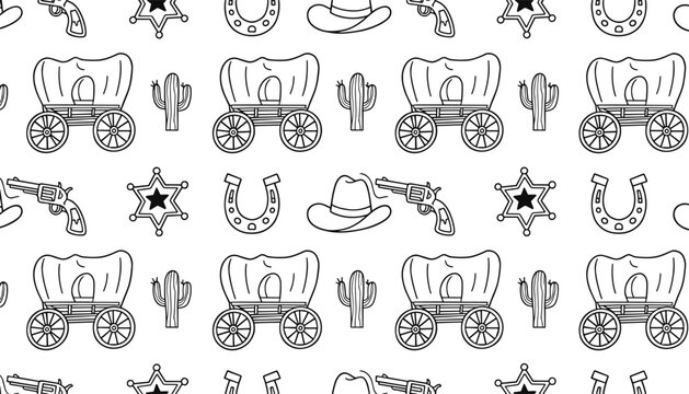 Seamless black and white pattern of hand drawn wild west cowboy doodles including carriages, guns, hats, and badges.