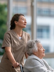 Fototapeta premium Caring nurse pushing elderly woman in wheelchair, looking up with hope and optimism