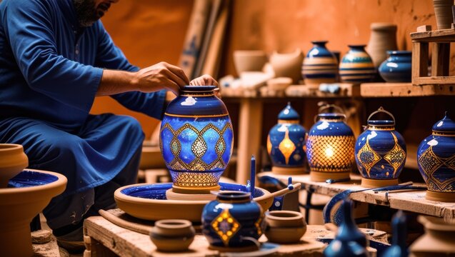Artisan in blue traditional robe shaping illuminated blue ceramic lantern on pottery wheel in authentic earthen workshop studio photo for traditional Middle Eastern crafts handmade ceramics