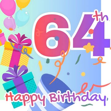 Colorful 64th Birthday Celebration Card with Balloons and Gifts