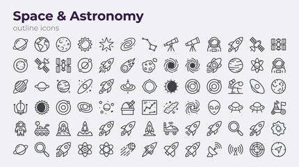 Fototapeta premium Space and astronomy line icons set featuring planets, rockets, satellites, astronaut equipment, and celestial universe symbols in minimalist outline vector style