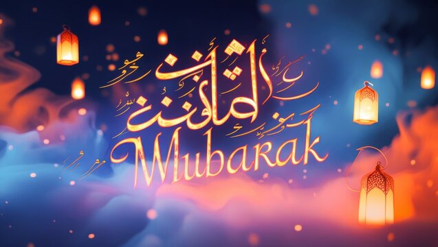 Elegant golden Arabic calligraphy Eid Mubarak greeting photo with illuminated floating lanterns drifting across magical twilight clouds background for Islamic festive celebration