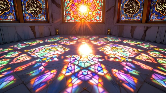 Breathtaking grand mosque interior photo featuring ornate stained glass rose window with bright radiant sunlight casting a full geometric kaleidoscopic color refraction