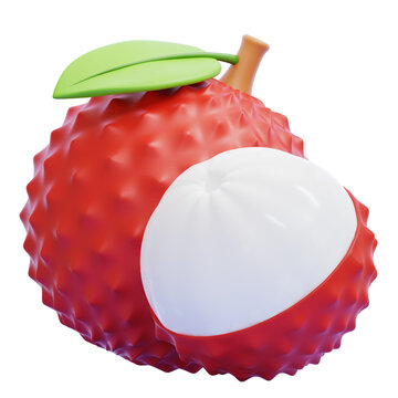 3D illustration of a peeled fresh lychee fruit with red bumpy skin and white juicy pulp isolated