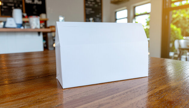 Blank white paper food packaging box on a wooden cafe table