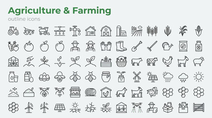 Obraz premium Agriculture and Farming Outline Icon Set with Sixty Minimalist Vector Symbols for Rural Industry and Agribusiness