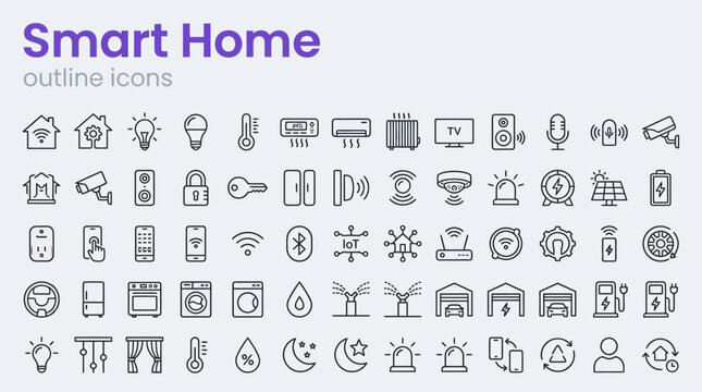 Smart home technology and IoT devices icon set in minimalist monochrome outline vector style on clean background