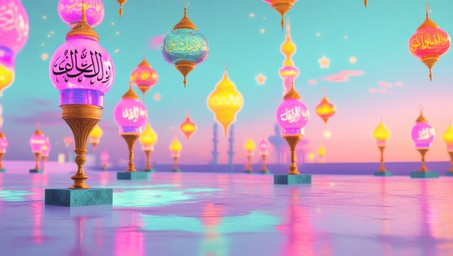 Surreal whimsical sunset landscape with colorful hanging moroccan lanterns standing on golden pedestals over reflective pastel floor with mosque minarets in distance ramadan eid festive celebration