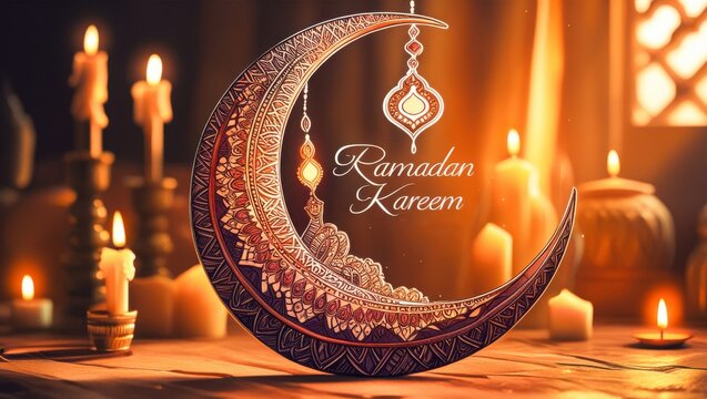 Ornate glowing crescent moon with arabic pattern engravings and ramadan kareem typography on warm wooden table surrounded by burning candles luxury festive islamic holiday greeting celebration