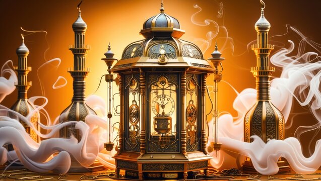 Grand vintage brass lantern clock with intricate glass casing and swirling aromatic smoke clouds framed by towering mosque minarets warm golden sunset light luxury arabic architectural time concept