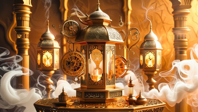 Antique golden lantern with glowing internal clock gears surrounded by swirling white smoke clouds on ornate table in oriental palace interior warm atmospheric lighting luxury vintage time concept