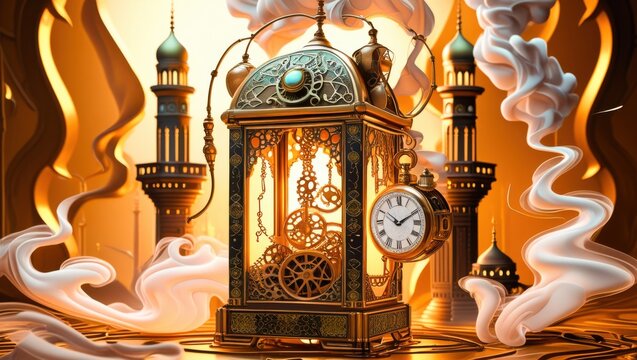 Steampunk style antique golden clock mechanism lantern with spinning gears and vintage pocket watch surrounded by swirl white smoke clouds in front of arabic mosque minarets surreal time concept