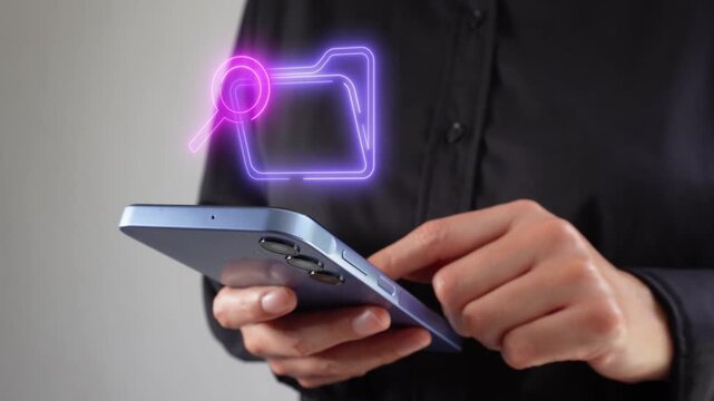 Document audit. Female corporate leader using her mobile phone with a virtual folder and magnifying glass icon.
