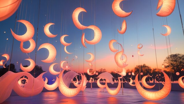 Surreal fantasy sunset dreamscape filled with glowing hanging crescent moon sculptures and floating round lanterns over pastel pink platform magical wonderland backdrop festive ramadan eid celebration