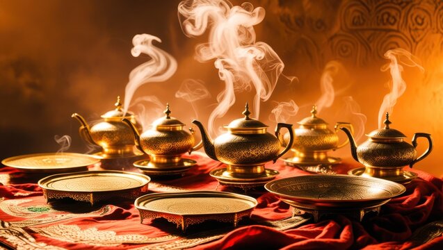 Authentic vintage golden tea pots with dense steam clouds rising above elegant brass plates over decorated fabric luxury oriental arabic tea ceremony warm golden lighting traditional