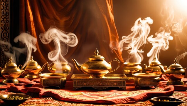 Traditional oriental brass tea set with swirling white steam clouds rising from antique golden teapots and vintage metal cups on luxury serving stand over decorated fabric warm cinematic lighting