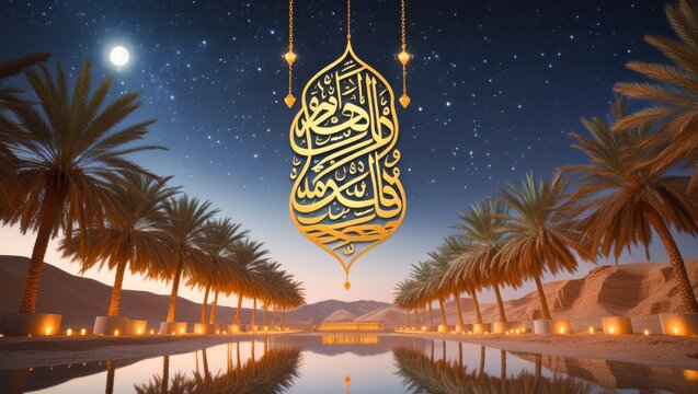 Islamic ramadan kareem greeting background with glowing golden arabic calligraphy emblem hanging over tranquil desert oasis palm trees reflection on water under magical starry night sky and full moon 