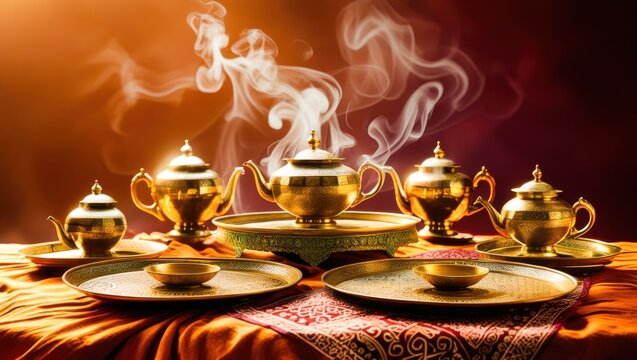 Authentic oriental brass tea set on decorative serving tray with hot steam smoke rising in dark warm ambient lighting luxury arabic copper kettle teapots cups traditional middle eastern hospitality