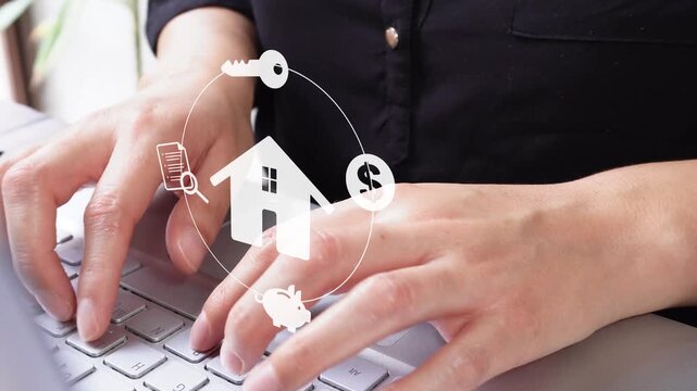 Close-up of a woman's hands typing on a laptop, featuring an animation of a house icon encircled by icons representing finances, keys, a piggy bank, and a legal document. 
