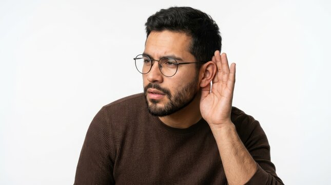 Young man with glasses holding hand to ear listening attentively isolated on white background