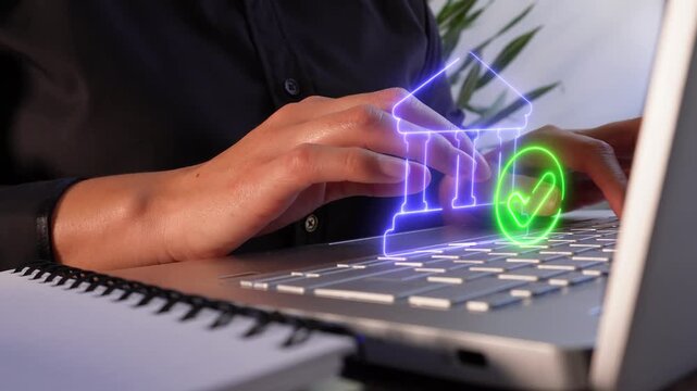 Banking service verification. Close-up of an executive working on her laptop, featuring a virtual bank icon with a checkmark.