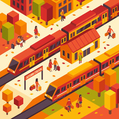 Naklejka premium Isometric illustration of a busy train station with passengers and trains.