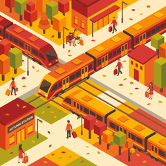 Obraz premium Isometric illustration of an autumn train station with passengers.