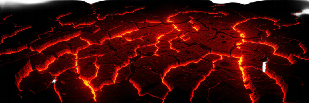 Molten lava flowing through cracks of dark volcanic rock