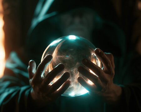 Mysterious fortune teller holding glowing crystal ball, revealing future secrets in mystical light and shadow