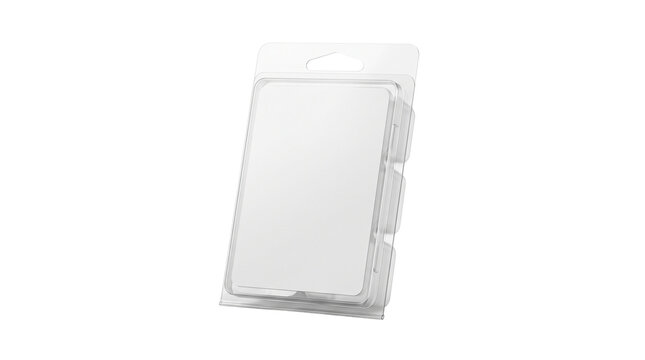 Clear plastic clamshell packaging, transparent blister pack for retail products, empty thermoformed container for hardware or electronics isolated PNG with Transparent Background
