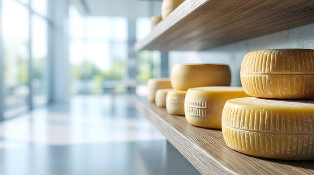 Rows of artisan cheese wheels neatly arranged on wooden shelves in a bright, modern cheese shop or deli. The focus is on the texture and color of the cheese.