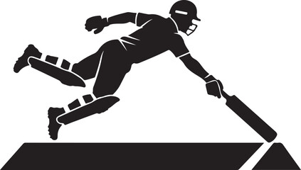 Fototapeta premium Cricket Player Diving with Bat Toward Crease, Black Silhouette.