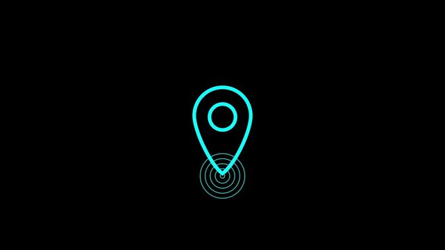 Cyan Location Pin Map Marker with Pulse Rings on Black Background, 4K