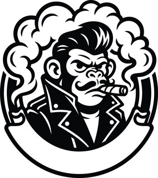 Black and white vector illustration of a cool monkey mascot smoking cigar in leather jacket.