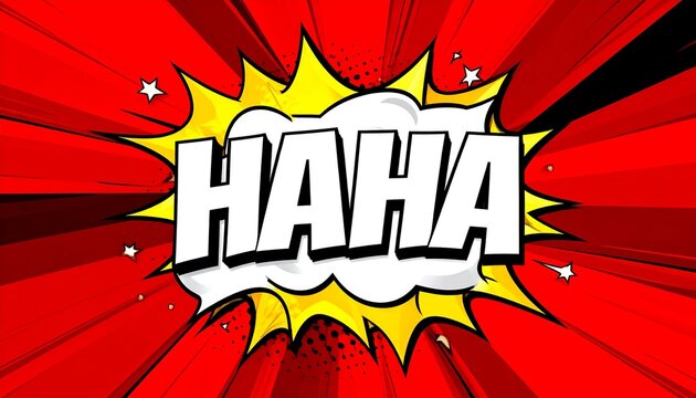 Comic Style Haha Laughter Emoji Graphic with Vibrant Red Sunburst Background Design