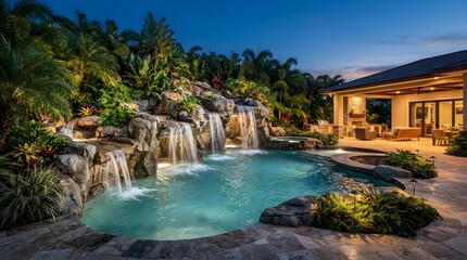 Fototapeta premium Luxury swimming pool with rock waterfall and tropical garden at dusk in a modern villa.