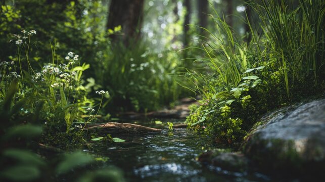 Idyllic woodland stream with flourishing vegetation creates a serene setting
