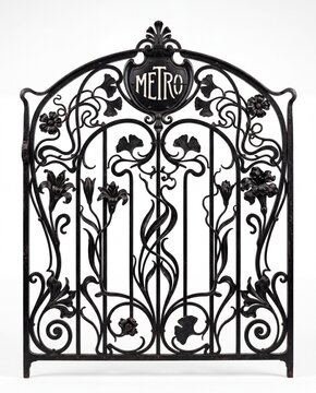 A black wrought iron gate featuring intricate floral Art Nouveau designs and a central Metro sign.