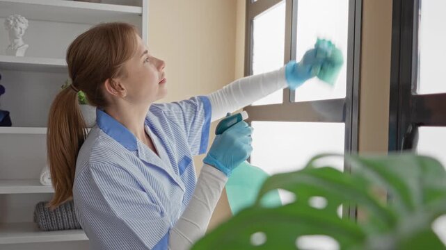 Woman cleaning window with spray bottle and cloth in a residential laundry room building; domestic care diligence.