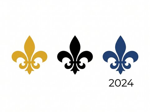 Set of Fleur de Lis Symbols in Gold Black and Blue Colors with 2024 Text Isolated on White Background