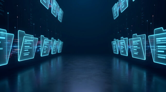 Digital archive folders glowing with data and information, presented in a futuristic, technological interface