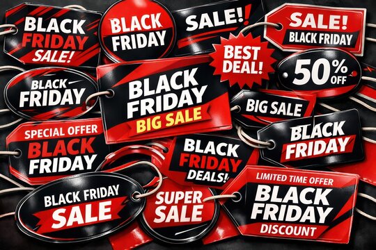 Black Friday sale badges, red and black discount stickers, retail promo labels collage
