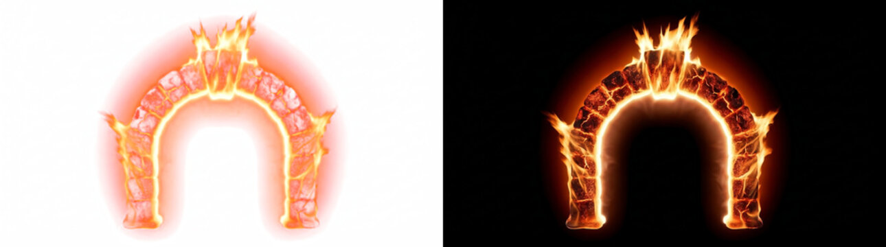Glowing ember arch frame with flared keystone top effect fire overlay isolated on transparent background
