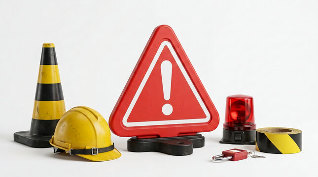 Construction safety equipment set with yellow hard hat traffic cone warning sign hazard tape and emergency strobe light on a plain white surface