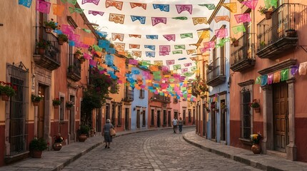 Naklejka premium Colorful festive banners hanging over a historic colonial cobblestone street at sunset