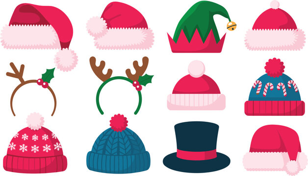 Christmas and Winter Holiday Hat Vector Icon Set Featuring Red Santa Claus Caps, Green Elf Hats, Reindeer Antler Headbands, Snowman Top Hats, and Knit Beanies for Festive Apparel Designs