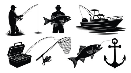 Fishing gear vector icon set, outdoor angling equipment symbols including rod, reel, hook, lure and tackle accessories for fishing enthusiasts and recreation. © S. RANA